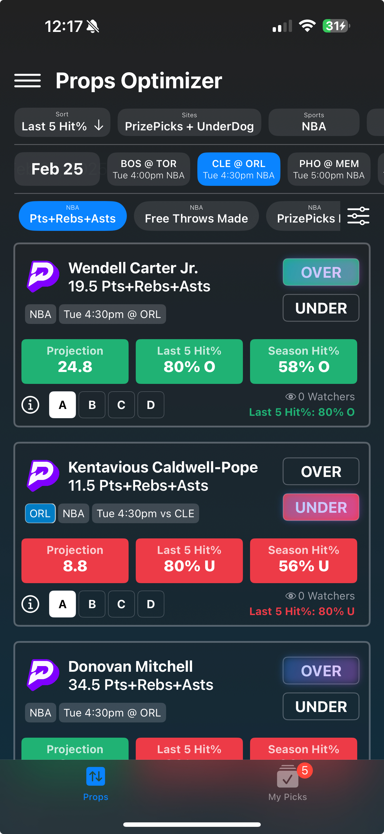 Props Optimizer interface showing NBA player prop bets and predictions